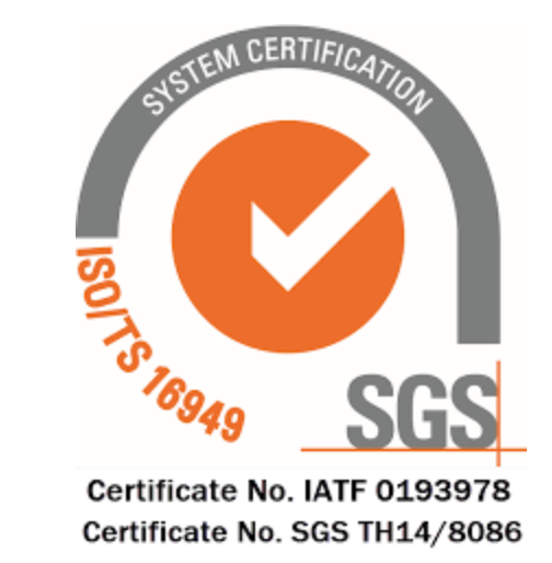 Sello SGS System Certification ISO/TS 16949, con números de certificado IATF 0193978 y SGS TH14/8086