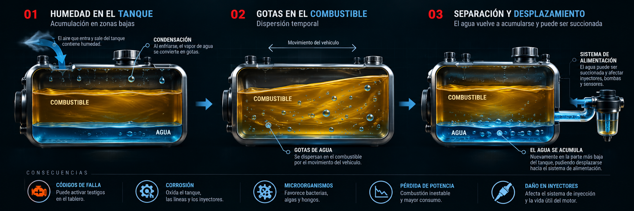 Infografía en tres etapas: humedad acumulada en el fondo del tanque, dispersión temporal de gotas por el movimiento y separación del agua con posible desplazamiento hacia el sistema de alimentación.