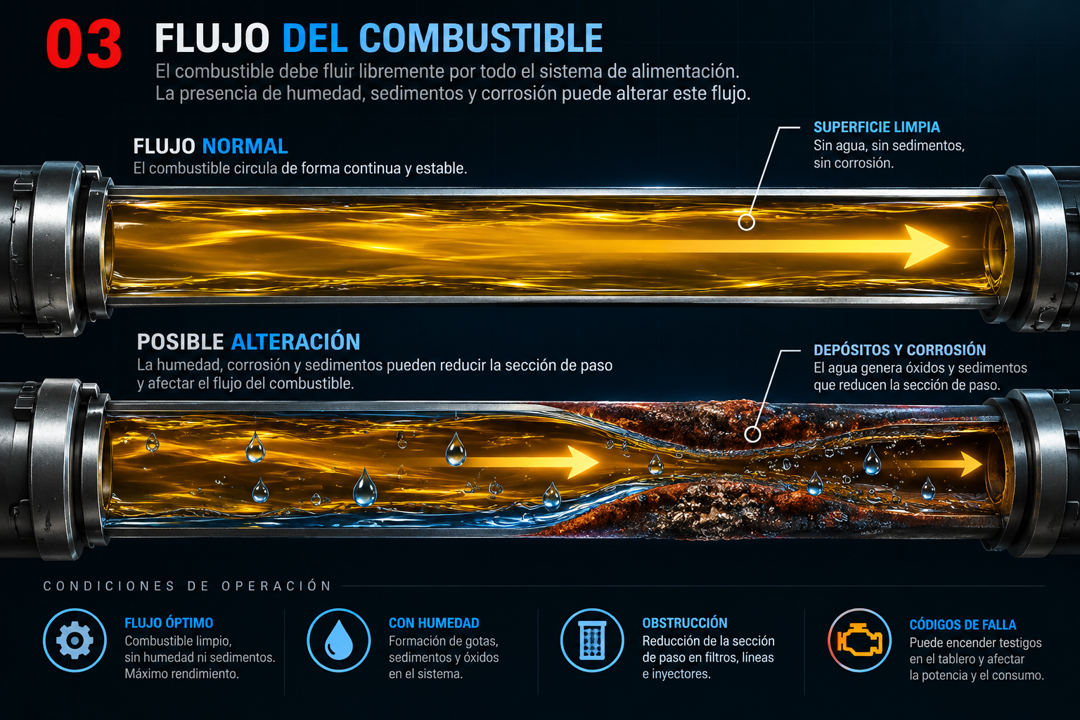 Infografía Flujo del combustible: comparación entre un conducto limpio con flujo normal y otro con humedad, depósitos y corrosión que pueden reducir la sección de paso.