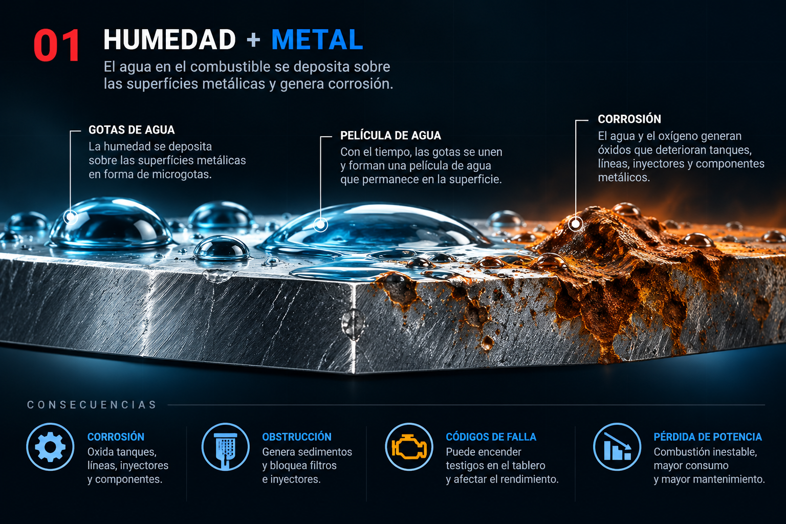 Infografía Humedad y metal: gotas y película de agua sobre una superficie metálica, con una zona de corrosión y referencias a sus posibles consecuencias.
